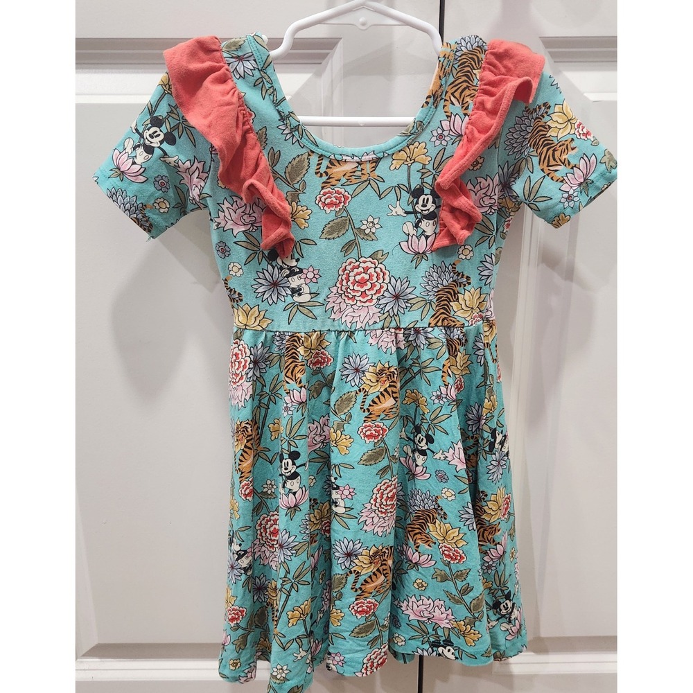 RAGS Disney Mickey Mouse Tiger Floral Twirl Skater Cotton Dress Blue Girls 3/4